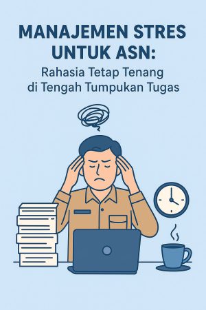 Infografis manajemen stres untuk ASN menampilkan ikon meditasi, olahraga, dan keseimbangan kerja-hidup dalam gaya ilustrasi flat.