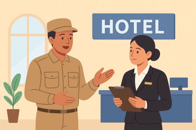 Ilustrasi flat-style menunjukkan seorang ASN berseragam cokelat sedang berbicara dengan manajer hotel bersetelan jas dalam suasana rapat, menggambarkan komunikasi efektif ala ASN yang relevan bagi manajer hotel.