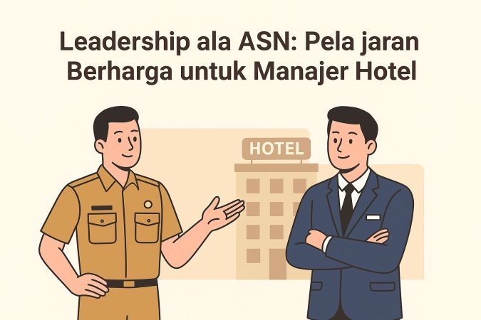 Ilustrasi flat-style menampilkan ASN berseragam cokelat berbincang dengan manajer hotel bersetelan jas, dengan latar belakang gedung hotel, menggambarkan tema leadership ala ASN untuk manajer hotel.