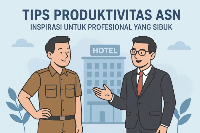 Ilustrasi flat-style berupa infografik dengan ikon jam, buku catatan, dan ASN berseragam cokelat sedang mengatur jadwal, melambangkan tips produktivitas ASN dalam bekerja.